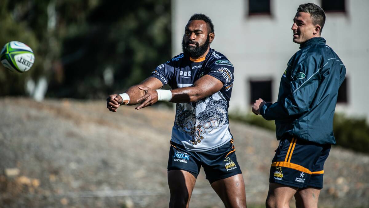Tevita Kuridrani at Brumbies training with Tom Banks, who is set to return from injury this weekend. Picture: Karleen Minney