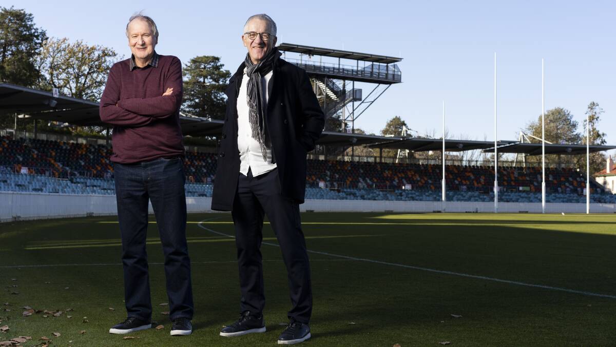 Keith Miller and John Miller returned to Manuka Oval almost 40 years after they stunned the VFL there. Picture: Dion Georgopoulos