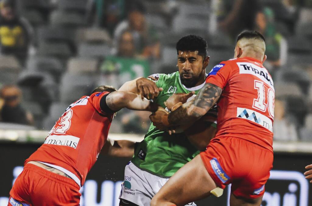 Raiders prop Sia Soliola suffered an injury that you'd expect to find in a car crash. Picture: Dion Georgopoulos
