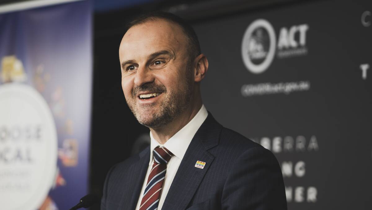 ACT Chief Minister Andrew Barr is all smiles announcing up to 6000 Raiders fans can watch the Storm game. Picture: Dion Georgopoulos