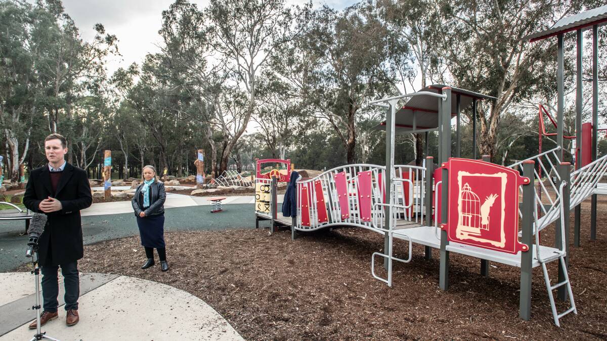 Minister for City Services, Chris Steel, joined by Member for Brindabella Joy Burch, make an announcement on works starting on new playgrounds across the city from the newly opened play space in Kambah. Picture: Karleen Minney