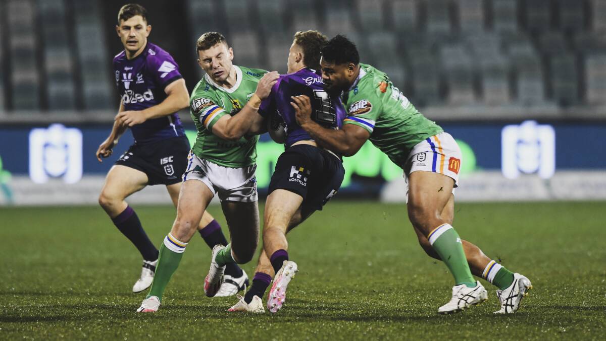 The Raiders' focus is on defence ahead of taking on the Storm. Picture: Dion Georgopoulos
