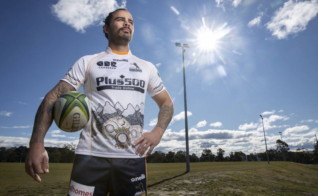 The Brumbies Indigenous jersey, worn by Any Muirhead, was designed by Ngunnawal man Budda Connors. Picture: Sitthixay Ditthavong