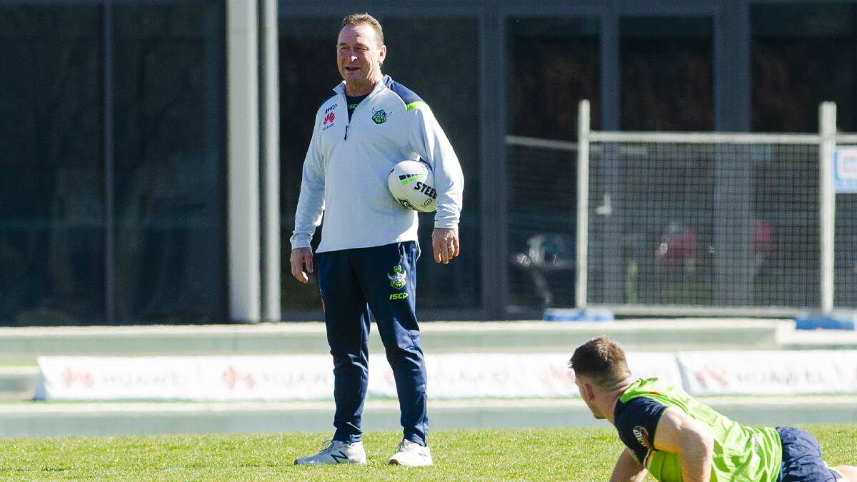 Raiders coach Ricky Stuart thinks the referees need to have the bunker's voice taken out of their ears. Picture: Jamila Toderas