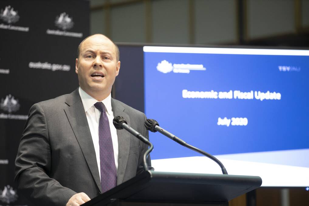 Treasurer Josh Frydenberg delivers the economic and fiscal update, without the mask. Picture: Sitthixay Ditthavong