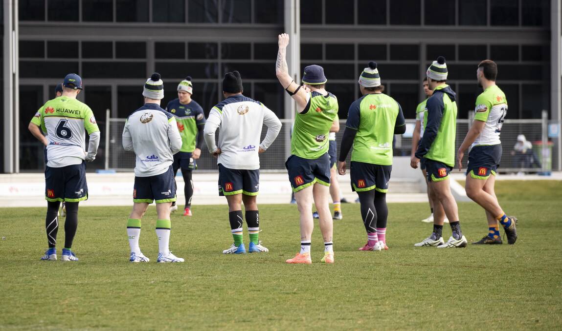 Canberra Raiders wear beanies and skins at training. Picture: Sitthixay Ditthavong