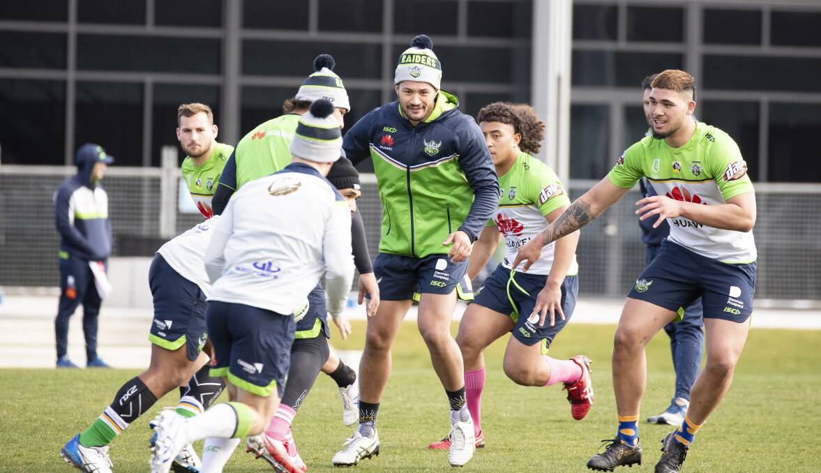 New signing Corey Harawira-Naera training with the Canberra Raiders on Tuesday. Picture: Sitthixay Ditthavong