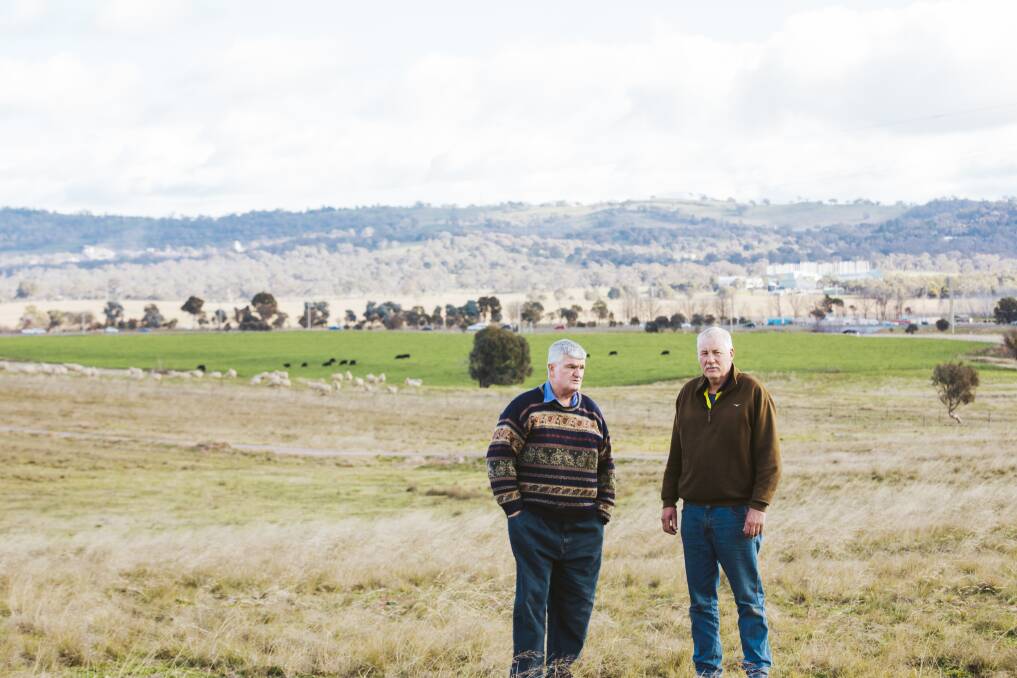 Grazier Steve Angus, pictured with farmer Tom Allen, gave evidence to the ACT Legislative Assembly's inquiry into response to the summer bushfires on Tuesday. Picture: Jamila Toderas