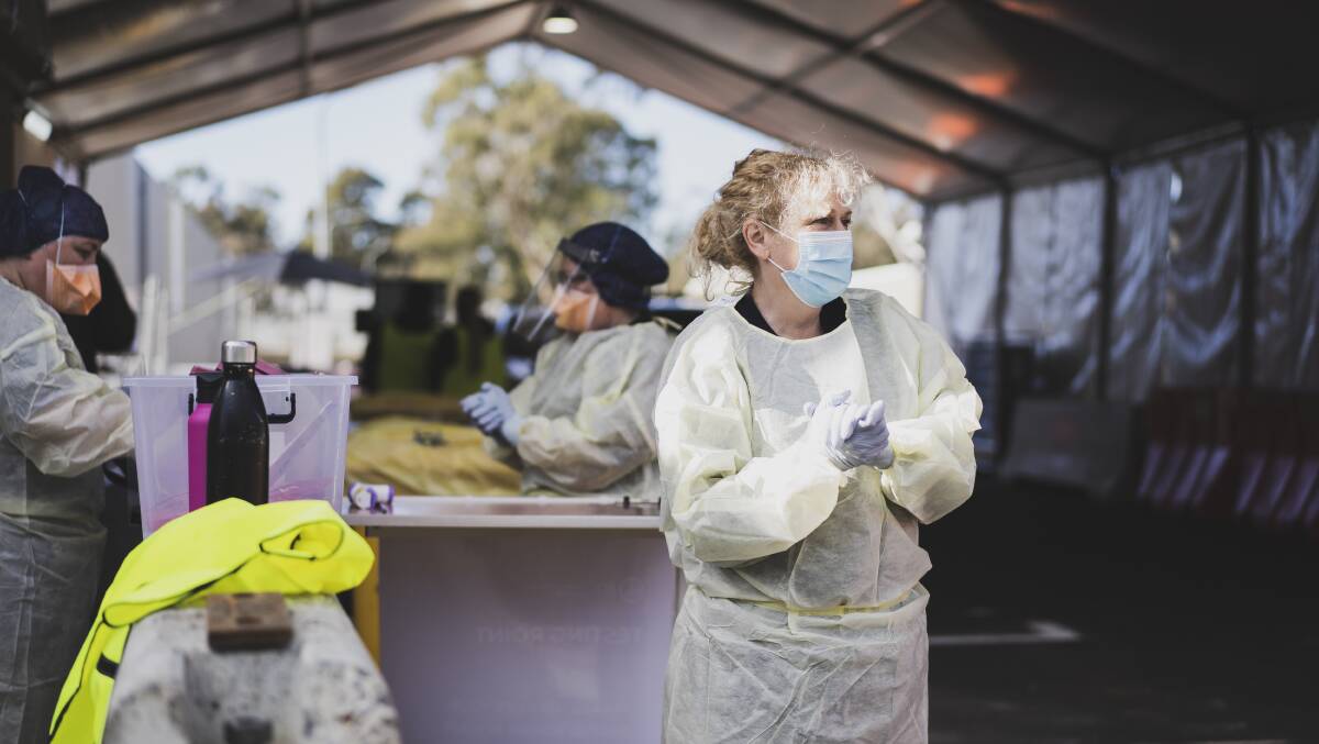 Nurses prepare for more testing subjects at a Canberra COVID testing site. Picture: Dion Georgopoulos