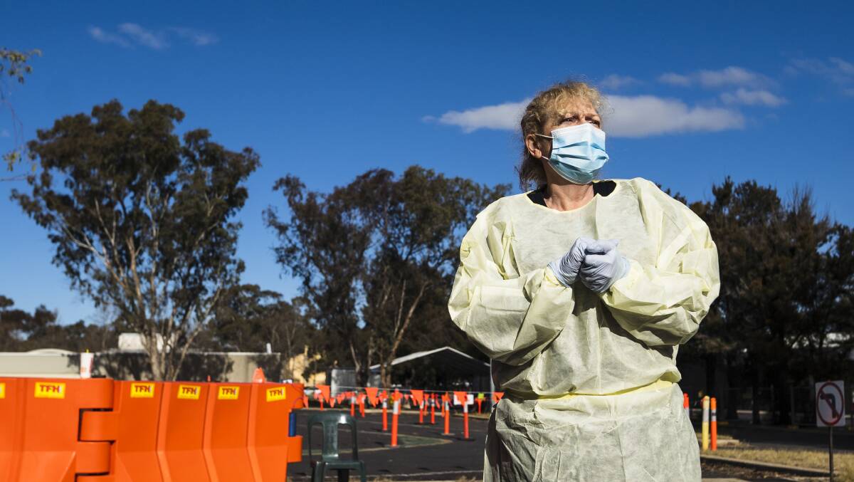 Nurse Di Allende at the new drive-in COVID-19 testing site for Canberra southside at a carpark on Jenke Circuit, Kambah. Picture: Dion Georgopoulos