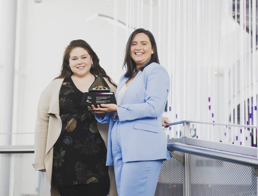 Emily Ward and Jessica Mitchell from the Department of Agriculture, Water and the Environment accepted the Digital and Data award at the IPAA Public Sector Innovation Awards. Picture: Dion Georgopoulos