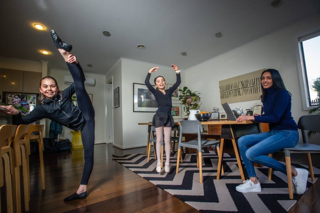 Dance mum and lawyer Perpetua Kish has adapted her business to deal with the challenges of COVID-19, pictured with daughters Mischa Warwick,12, and Ellie Warwick, 8. Photo: Karleen Minney.