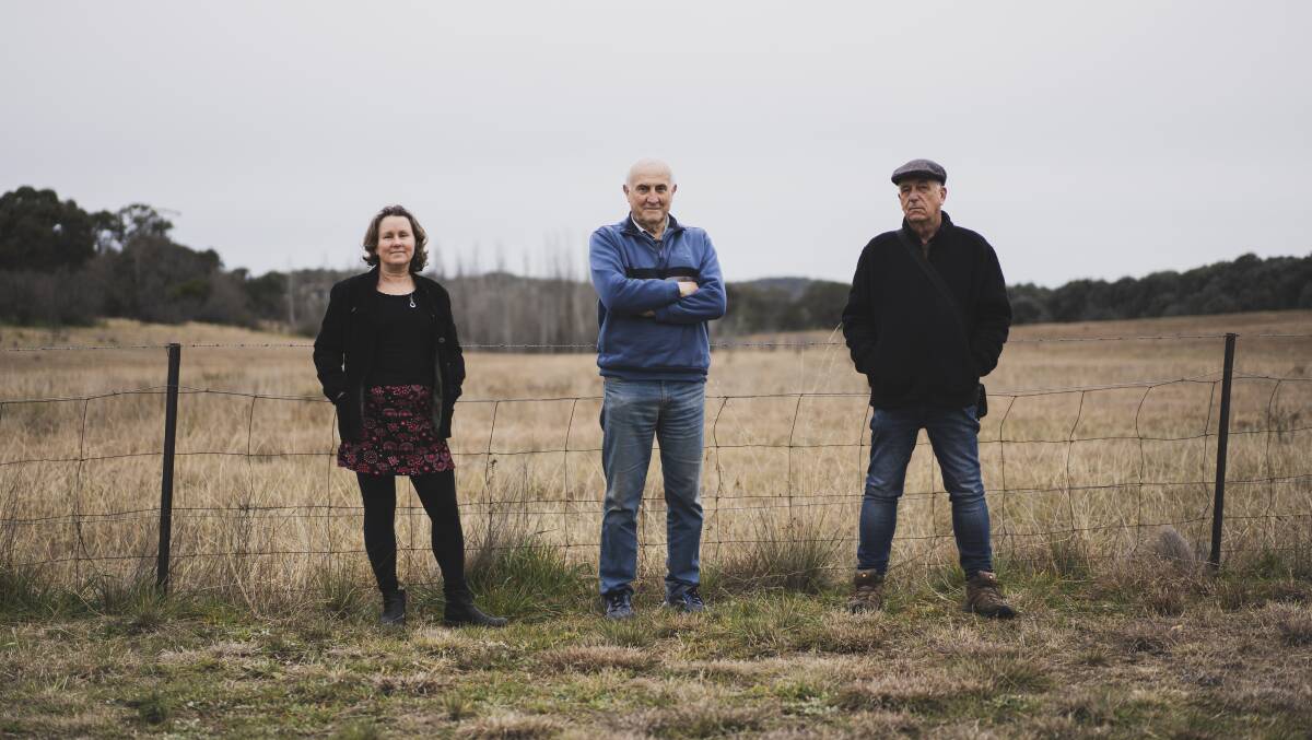 Helen Oakey, Geoff Robertson, and Rainer Rehwinkel at the critically endangered Lawson North Grasslands. The site is one of the best preserved grasslands in the ACT. Picture: Dion Georgopoulos