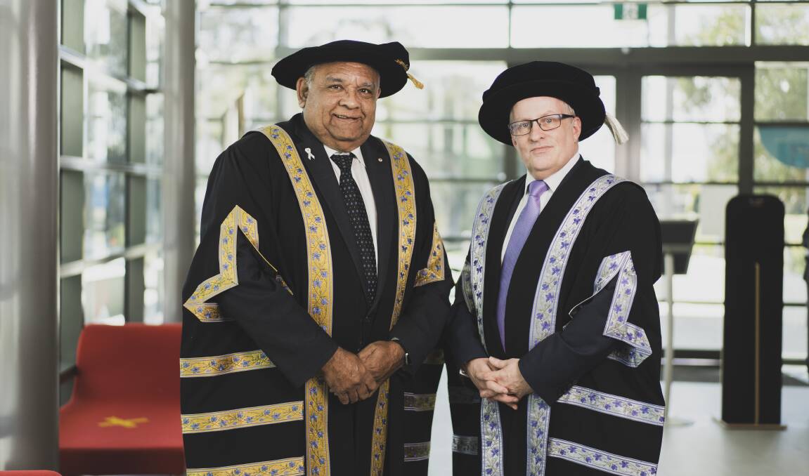 University of Canberra chancellor Tom Calma AO and vice-chancellor Professor Paddy Nixon before the investiture ceremony. Picture: Dion Georgopoulos