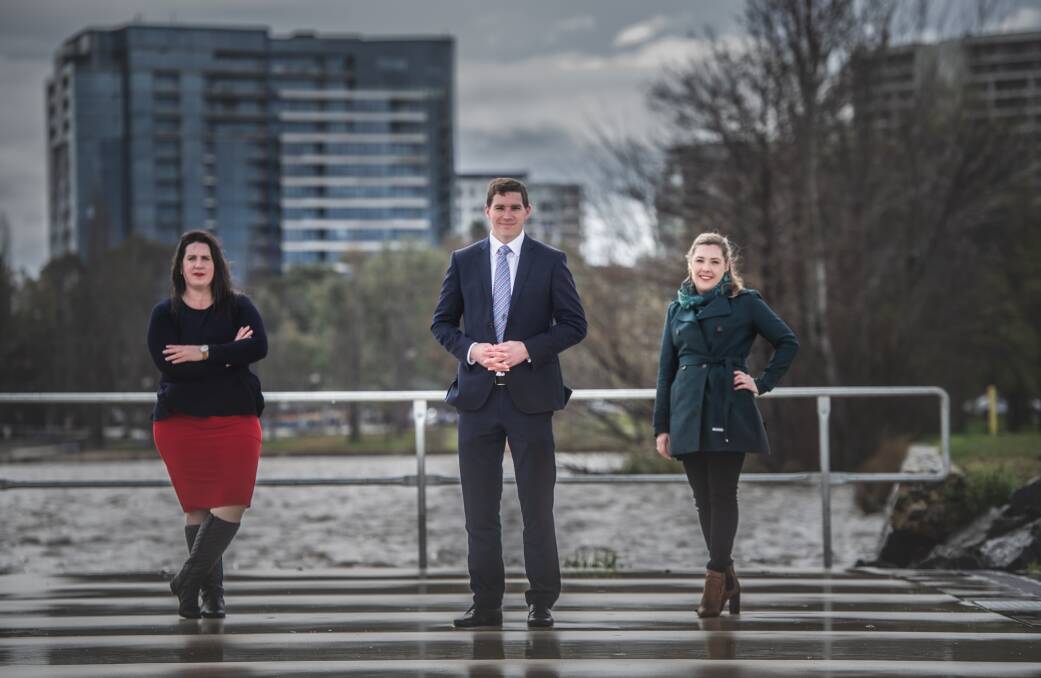 ACT Liberals Giulia Jones, Alistair Coe and Candice Burch at Lake Burley Griffin's west basin Picture: Karleen Minney