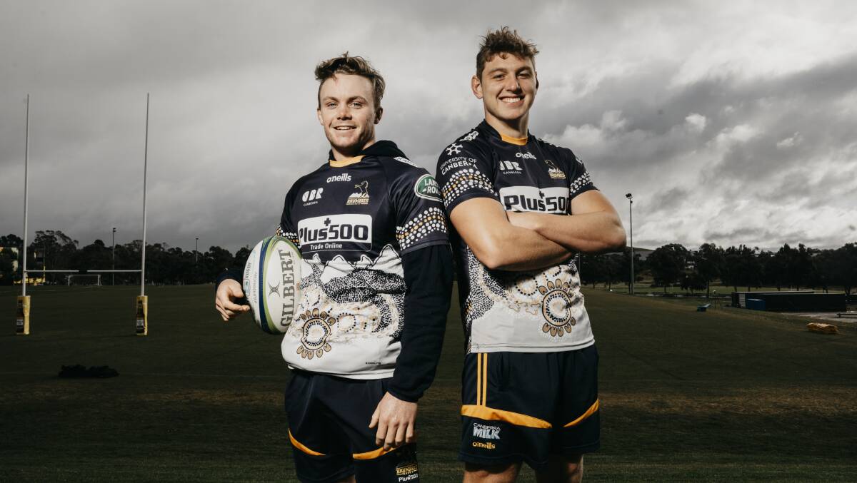 Brumbies young guns Ryan Lonergan and Bayley Kuenzle at Brumbies HQ on the eve of a Waratahs showdown. Picture: Dion Georgopoulos