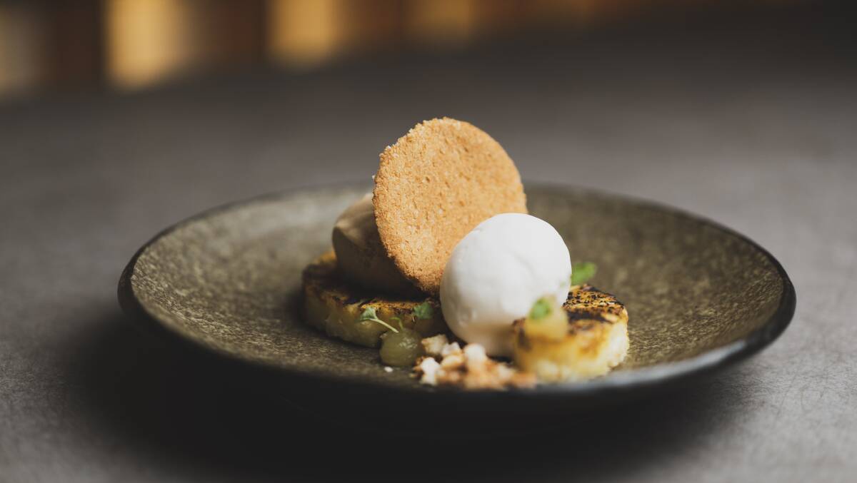 Tamarind and coconut ice creams, with coconut crumble, charred pineapple, and yuzu marmalade. Picture: Dion Georgopoulos