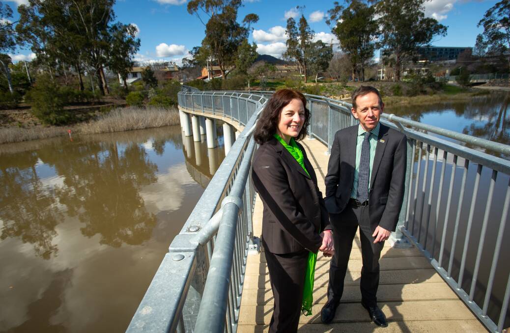 Jo Clay and Greens leader Shane Rattenbury at Lyneham wetlands. Picture: Elesa Kurtz
