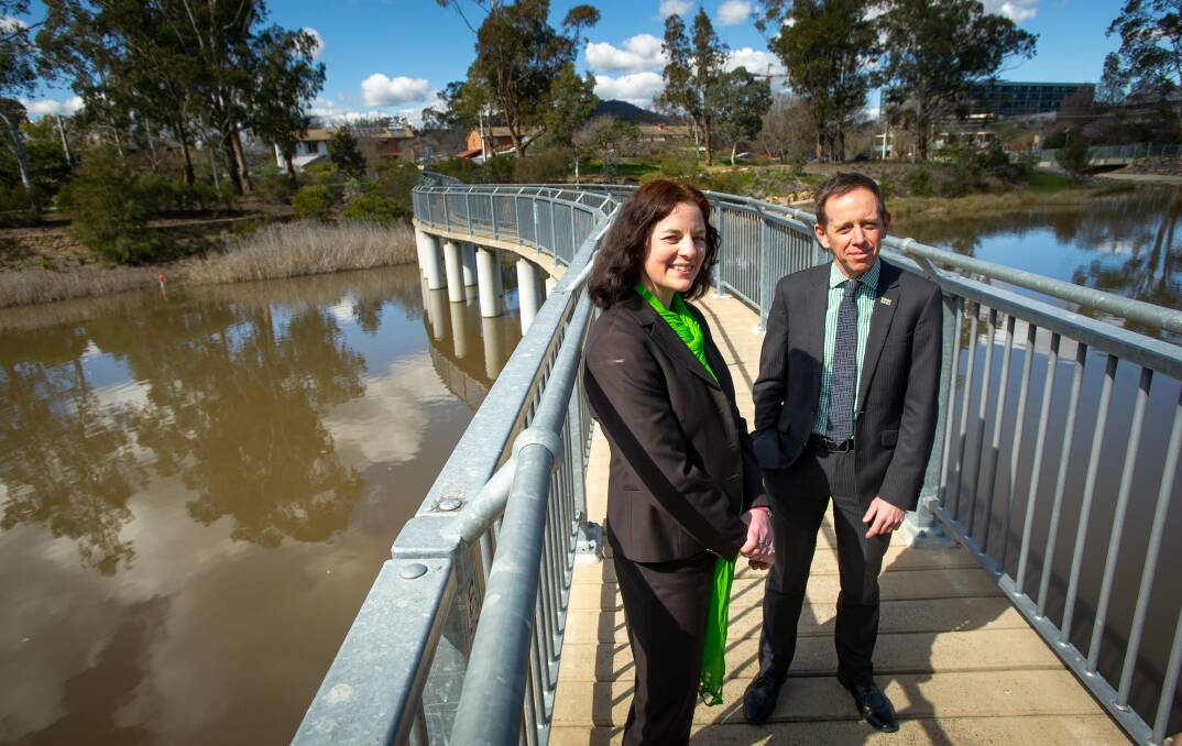 Jo Clay, candidate for Ginninderra with ACT Greens' Shane Rattenbury at the Lyneham wetlands. Picture: Elesa Kurtz 