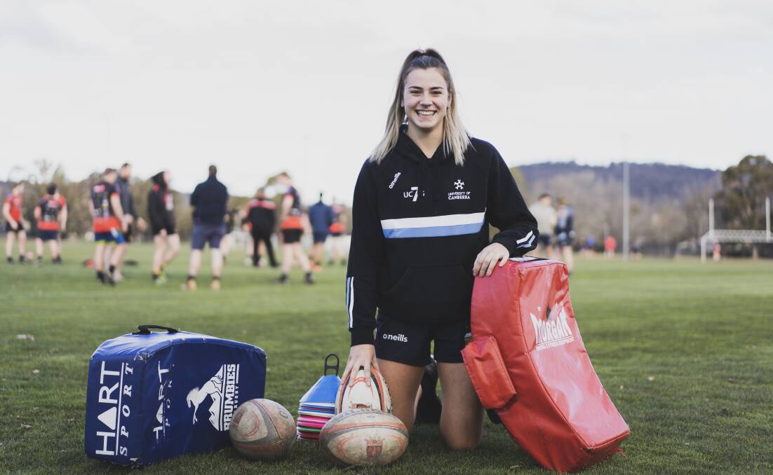 Former Brumbies player Brooke Gilroy at Dickson Oval has taken up coaching women's rugby after a serious shoulder injury. Picture: Dion Georgopoulos