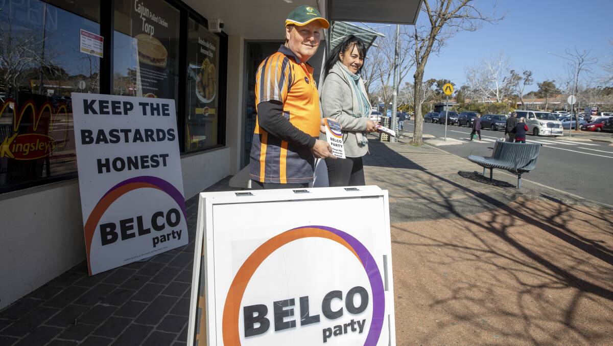 Belco Party's Alan Tutt and Angela Lount outside the Kippax Centre during the 2020 ACT election campaign. Picture: Sitthixay Ditthavong