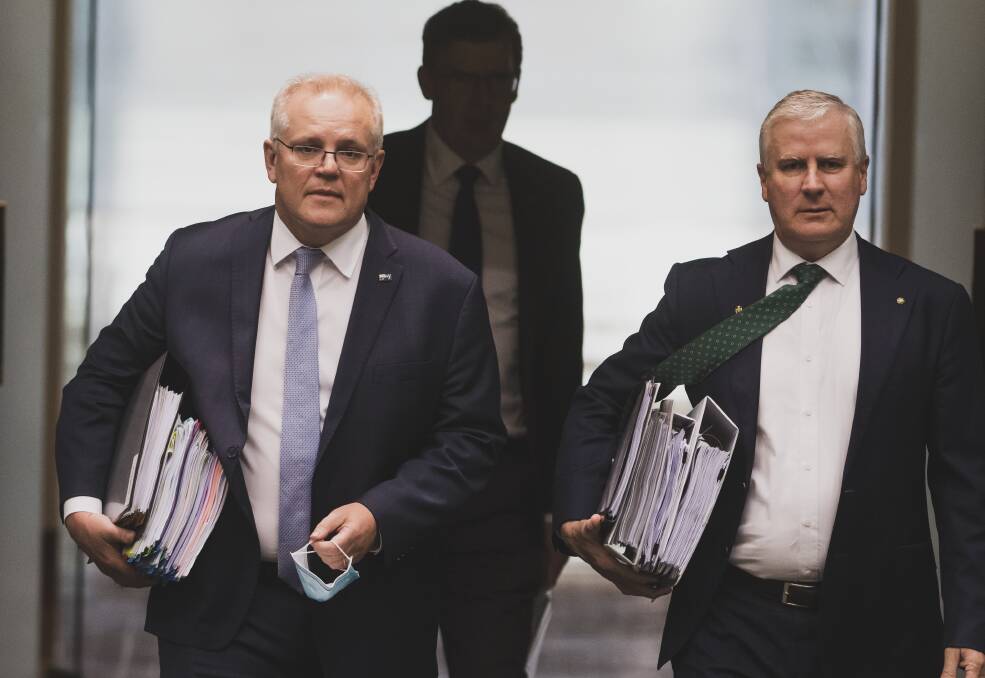 Prime Minister Scott Morrison and Deputy Prime Minister Michael McCormack arrive at Question Time on Thursday. Picture: Dion Georgopoulos