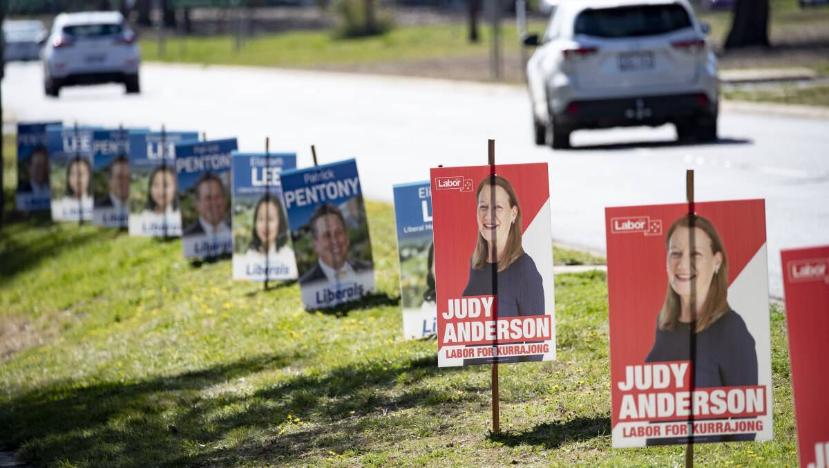 Corflutes promoting candidates for the 2020 ACT election on Limestone Avenue. Picture: Sitthixay Ditthavong