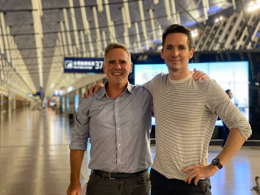 Australian Financial Review journalist Michael Smith with ABC journalist Bill Birtles, before their flight out of China. Picture: Supplied