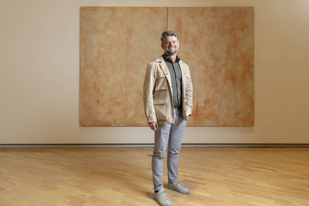 National Gallery of Australia Director Nick Mitzevich with Rudolf Stingel's Untitled. One of 20 works of art collectively valued at $8 million the gallery has acquired. Picture: Sitthixay Ditthavong 