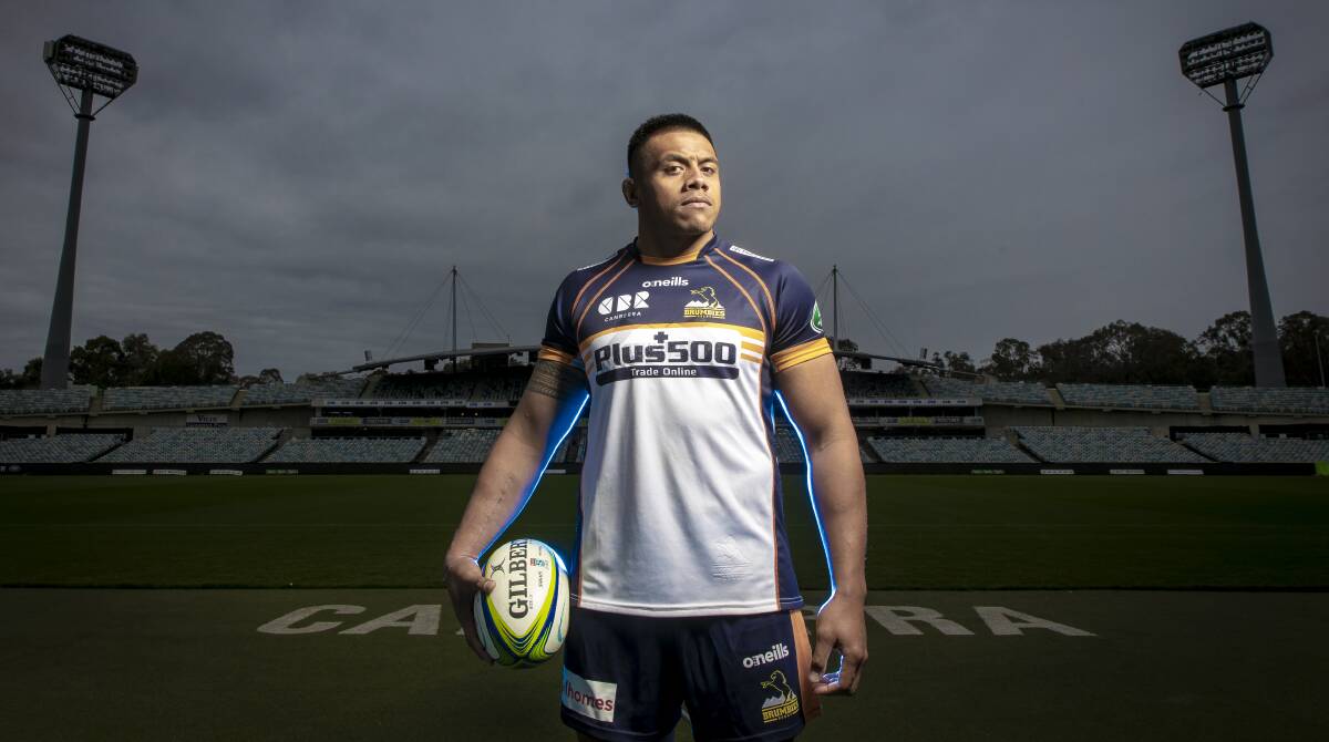 Brumbies skipper Allan Alaalatoa sporting his side's jersey ahead of the Super Rugby AU grand final. Picture: Sitthixay Ditthavong