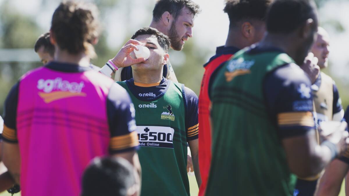 Brumbies players worked themselves to a standstill in a physical training session on Friday before earning a weekend off. Picture: Dion Georgopoulos