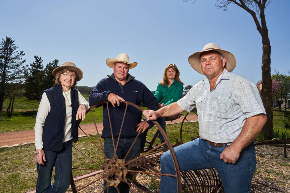 Sherry McArdle-English with Majura Road farmers Craig Hall, Anne McGrath, and Paul Keir on Mr Keir's property Springfield. Picture: Matt Loxton.