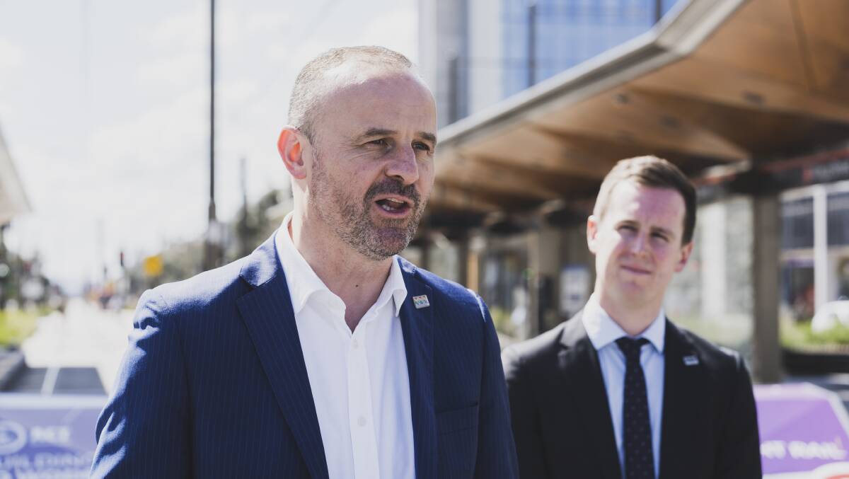 Chief Minister Andrew Barr and Transport Minister Chris Steel are both big fans of the tram. Picture: Dion Georgopoulos