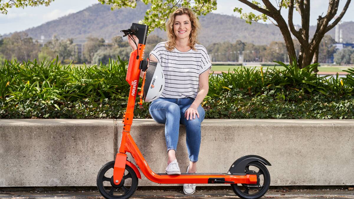 Patrice from Neuron Scooters, riding one of Canberras first electronic scooters. Picture: Matt Loxton