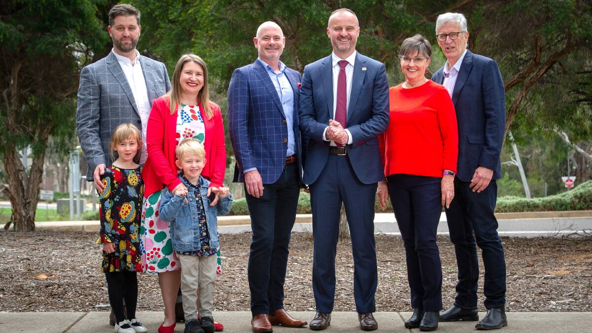 Chief Minister Andrew Barr with his family, brother Ian, sister-in-law Nat, niece and nephew Zoe and Angus, husband Anthony, mother, Susan and father James. Picture: Elesa Kurtz 