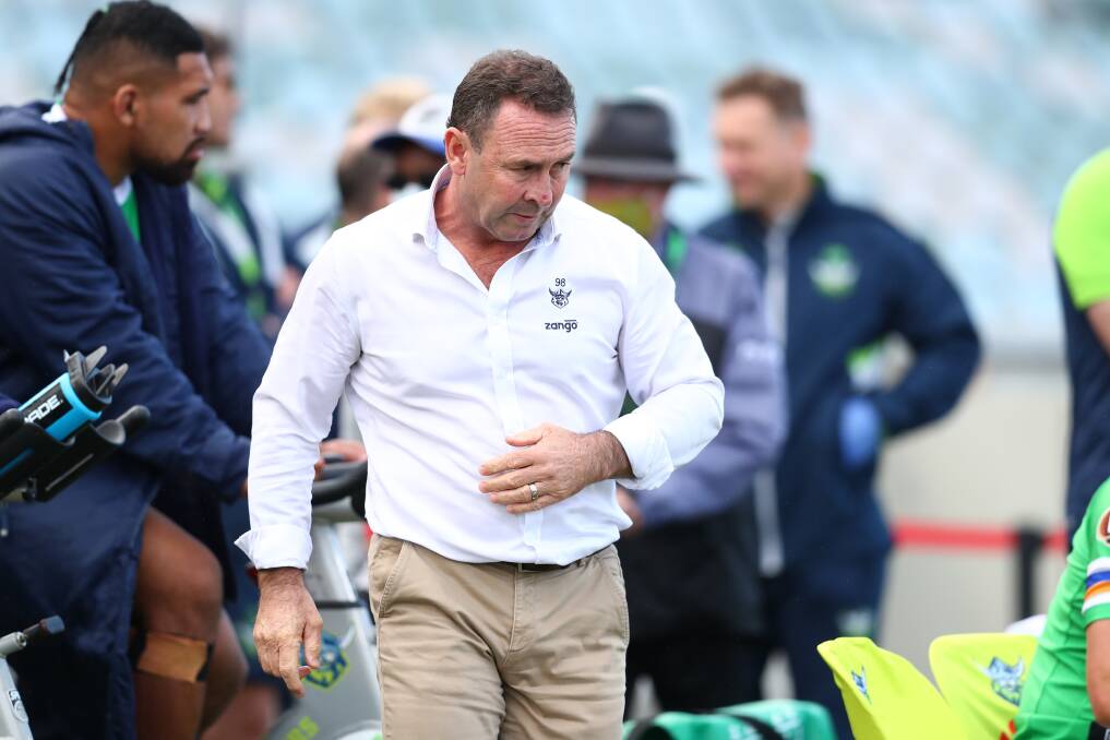 Raiders coach Ricky Stuart says he let down his own standards by throwing the water bottle. Picture: NRL Imagery