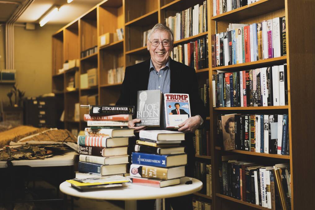 Emeritus fellow Colin Steele has donated 220 books on major American and British political figures, all containing signatures or signed photographs to ANU. Picture: Dion Georgopoulos