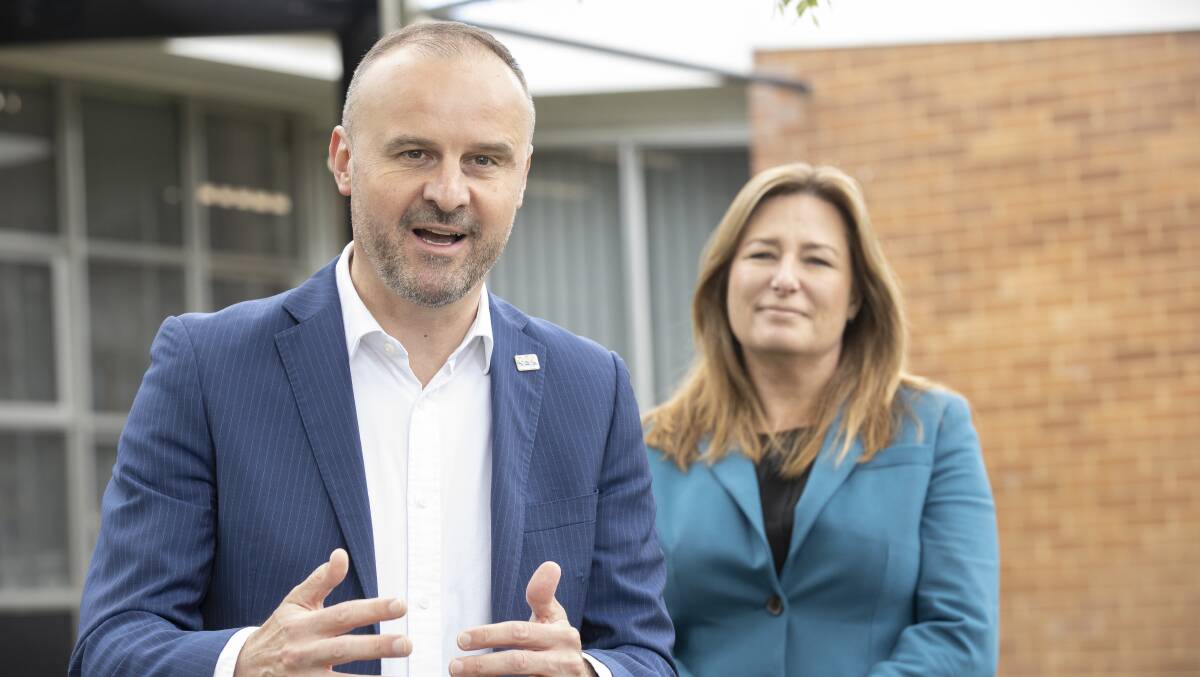 ACT Labor leader Andrew Barr and education spokeswoman Yvette Berry said Labor would keep giving free devices to high school and college students if re-elected. Picture: Sitthixay Ditthavong 