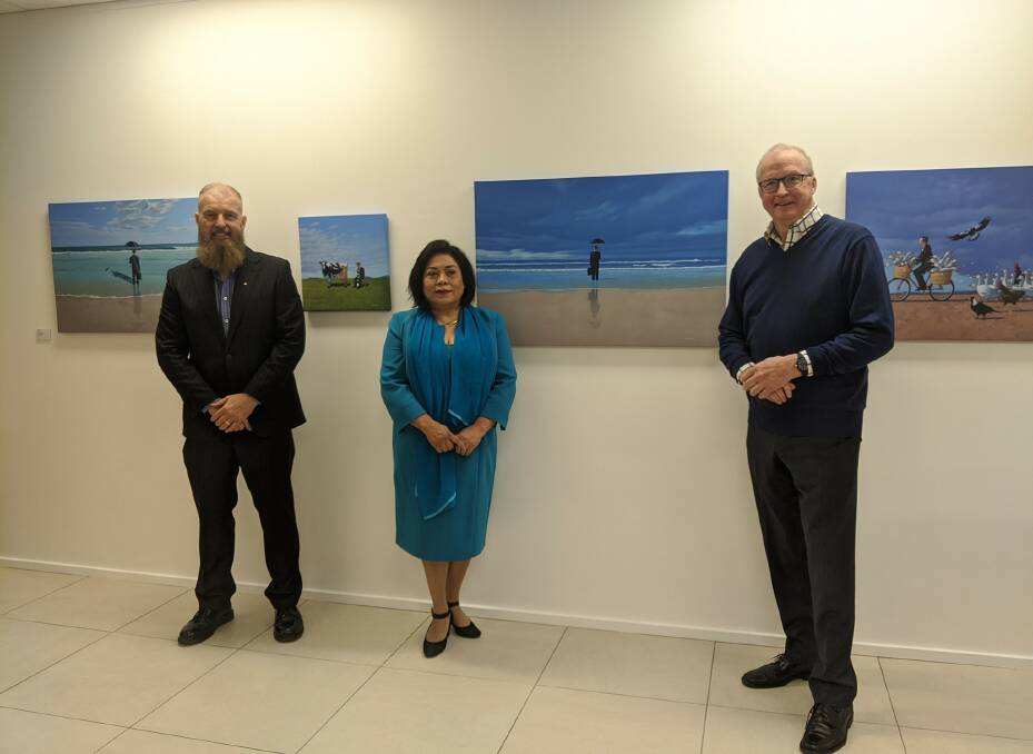 Canberra businessman Peter Barclay with City Walk Gallery owner Nancy Sever and City Renewal Authority chief executive Malcolm Snow.
