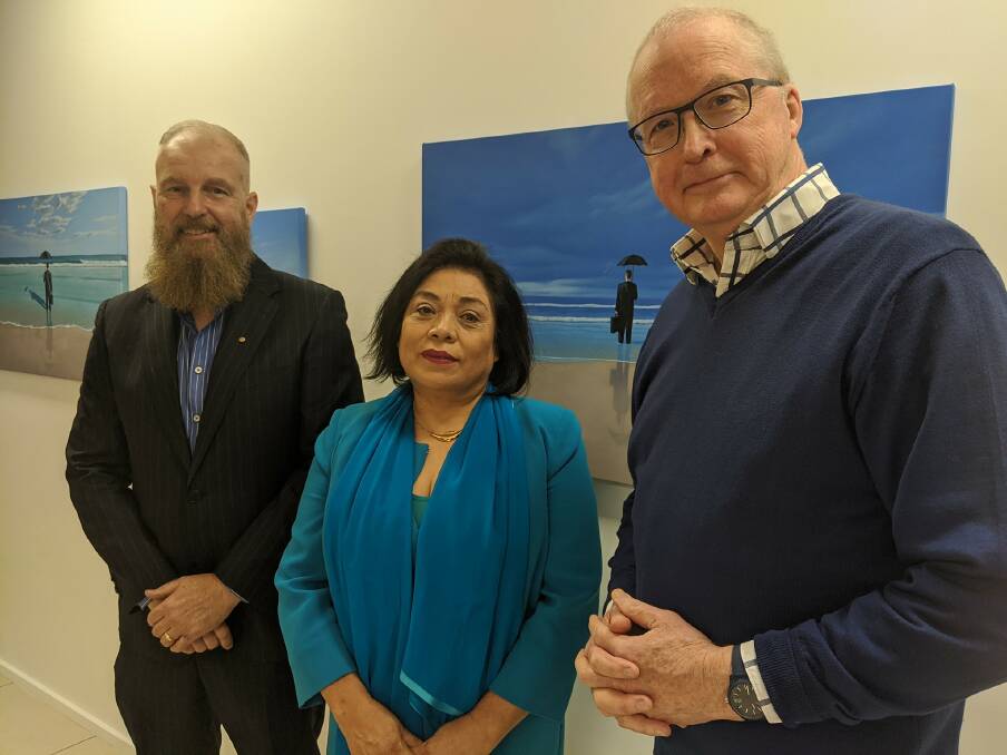 Canberra businessman Peter Barclay with City Walk Gallery owner Nancy Sever and City Renewal Authority CEO Malcolm Snow.