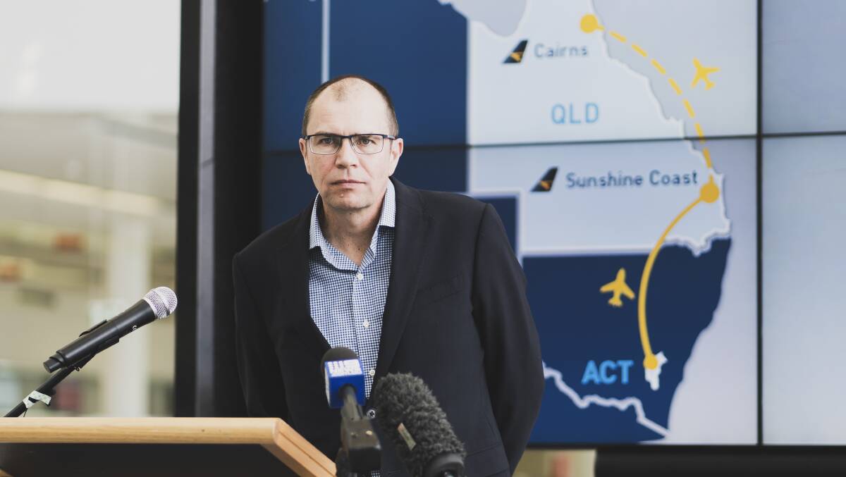 Canberra Airport head of aviation Michael Thomson at a press conference to announce new flights from ACT to Queensland as COVID-19 restrictions ease. Picture: Dion Georgopoulos