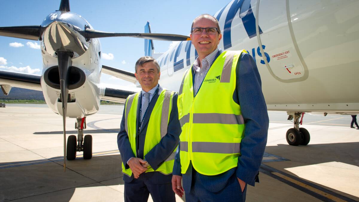 Link Airways airline manager, Jeff Boyd with Canberra Airport's head of aviation Michael Thomson announce new direct flights from Canberra to Newcastle. Picture: Elesa Kurtz 