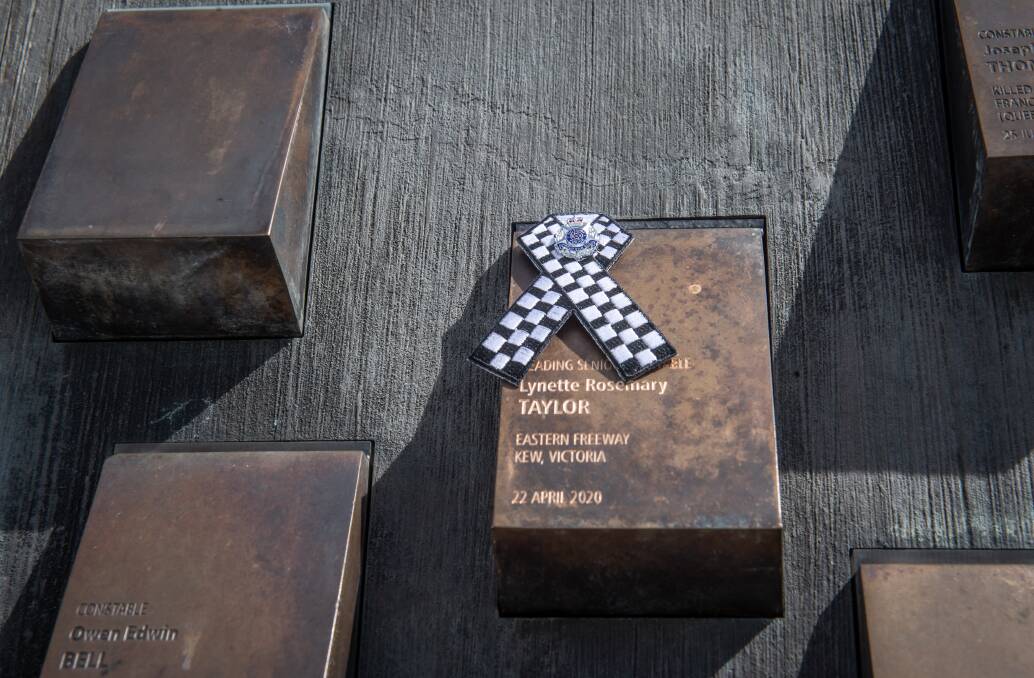 A newly installed touchstone at the National Police Memorial for Leading Senior Constable Lynette Taylor, one of four officers killed on duty on a Victorian freeway on April 22 this year. Picture: Karleen Minney.