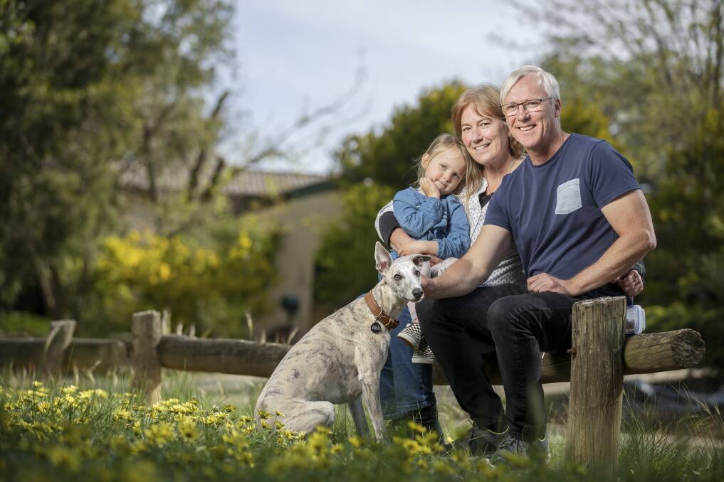 Scottie the rescue whippet with Thea Shaw, four, and her grandparents Louise Nixon and Stuart Hay. Picture: Sitthixay Ditthavong