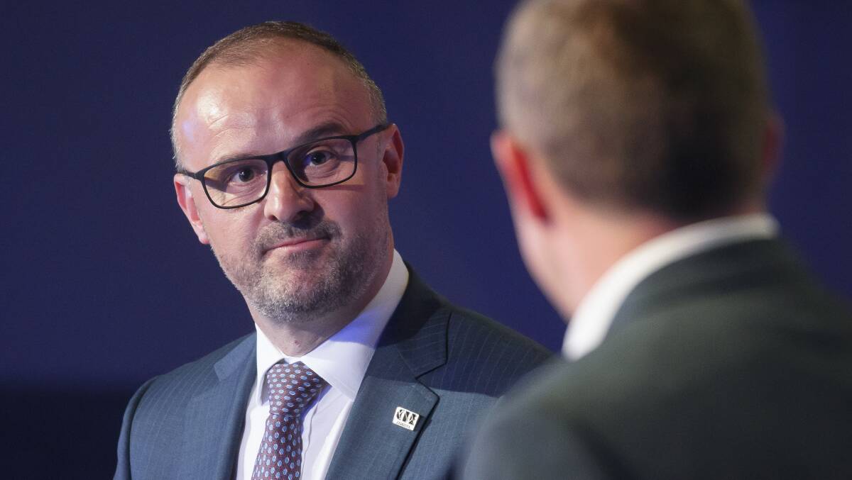 ACT Chief Minister Andrew Barr questions Opposition Leader Alistair Coe during the ACT Leaders Debate at the National Press Club on Wednesday evening. Picture: Sitthixay Ditthavong