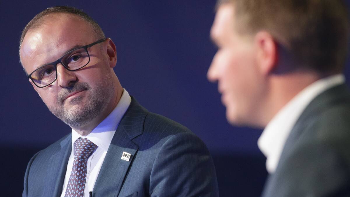 ACT Chief Minister Andrew Barr looks on as Opposition Leader Alistair Coe speaks during the ACT Leaders' Debate at the National Press Club. Picture: Sitthixay Ditthavong