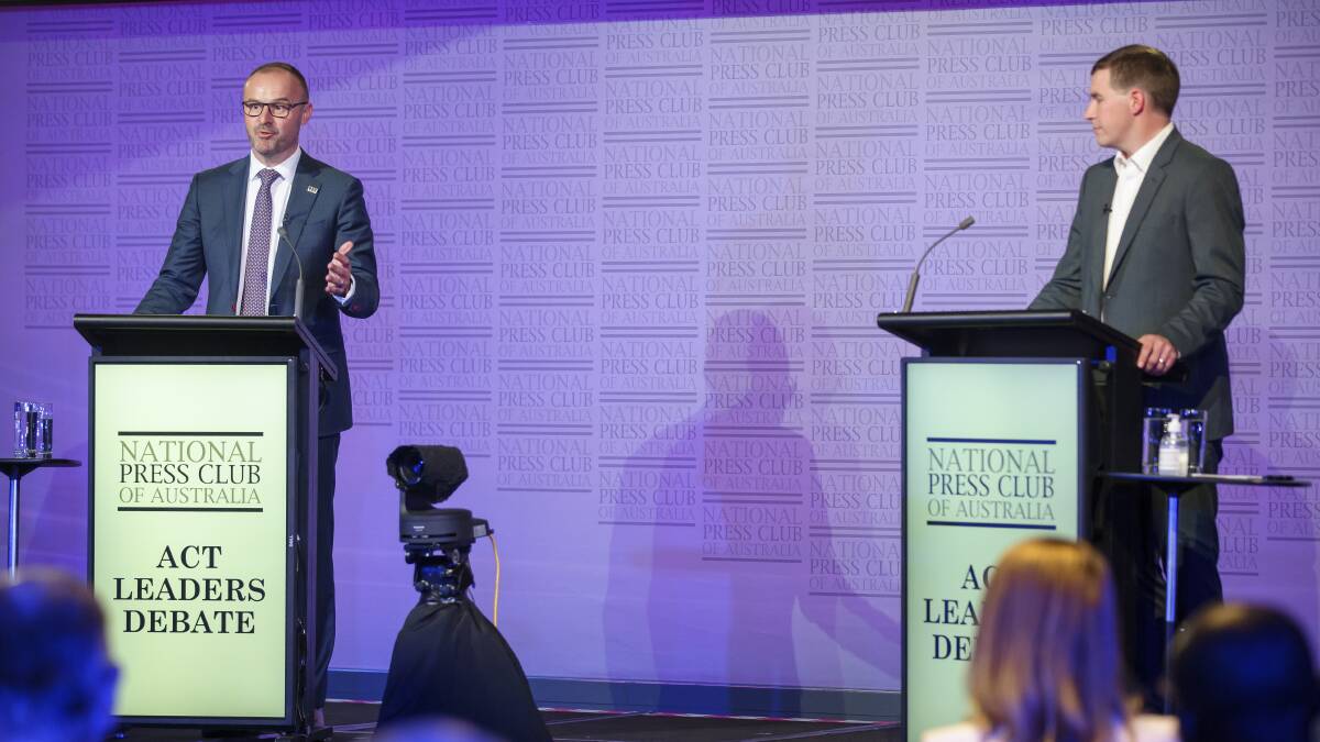 ACT Chief Minister Andrew Barr and Opposition Leader Alistair Coe during the ACT Leaders Debate at the National Press Club on Wednesday evening. Picture: Sitthixay Ditthavong 
