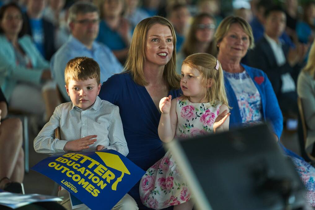 Alistair Coes son, Angus, 6, wife Yasmin and daughter Annabelle, 4 at the campaign launch. Picture: Matt Loxton