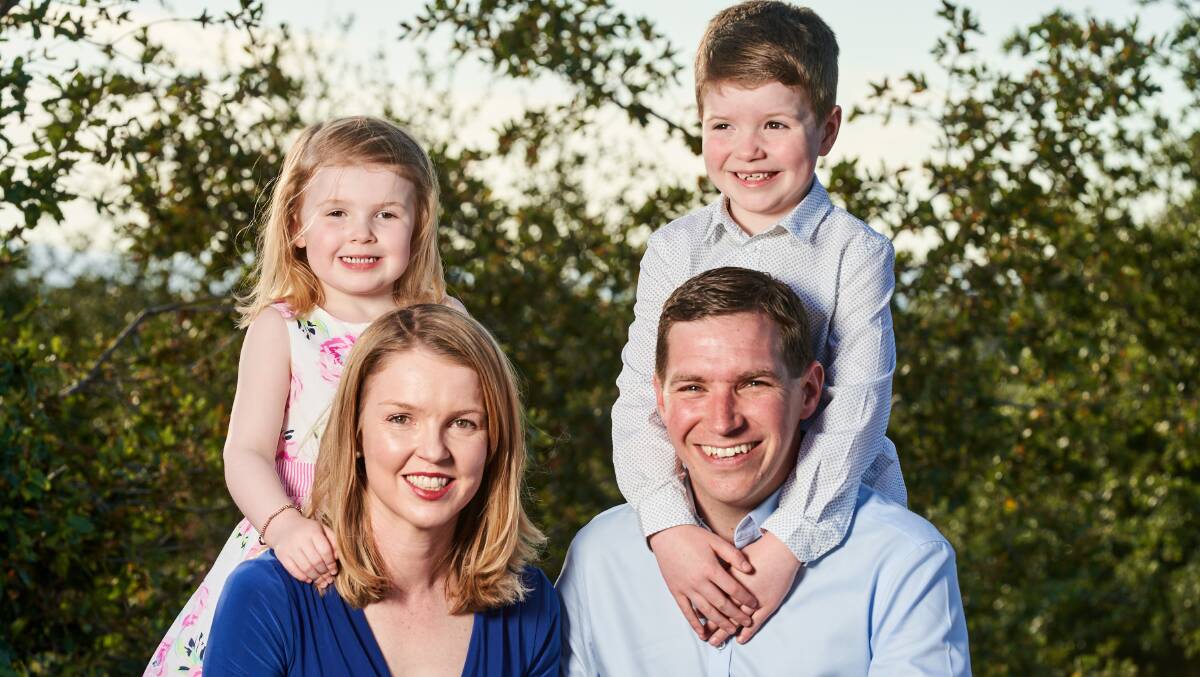 Liberal leader Alistair Coe with wife Yasmin, daughter Annabelle, 4, and son Angus, 6, at the National Arboretum. Picture: Matt Loxton