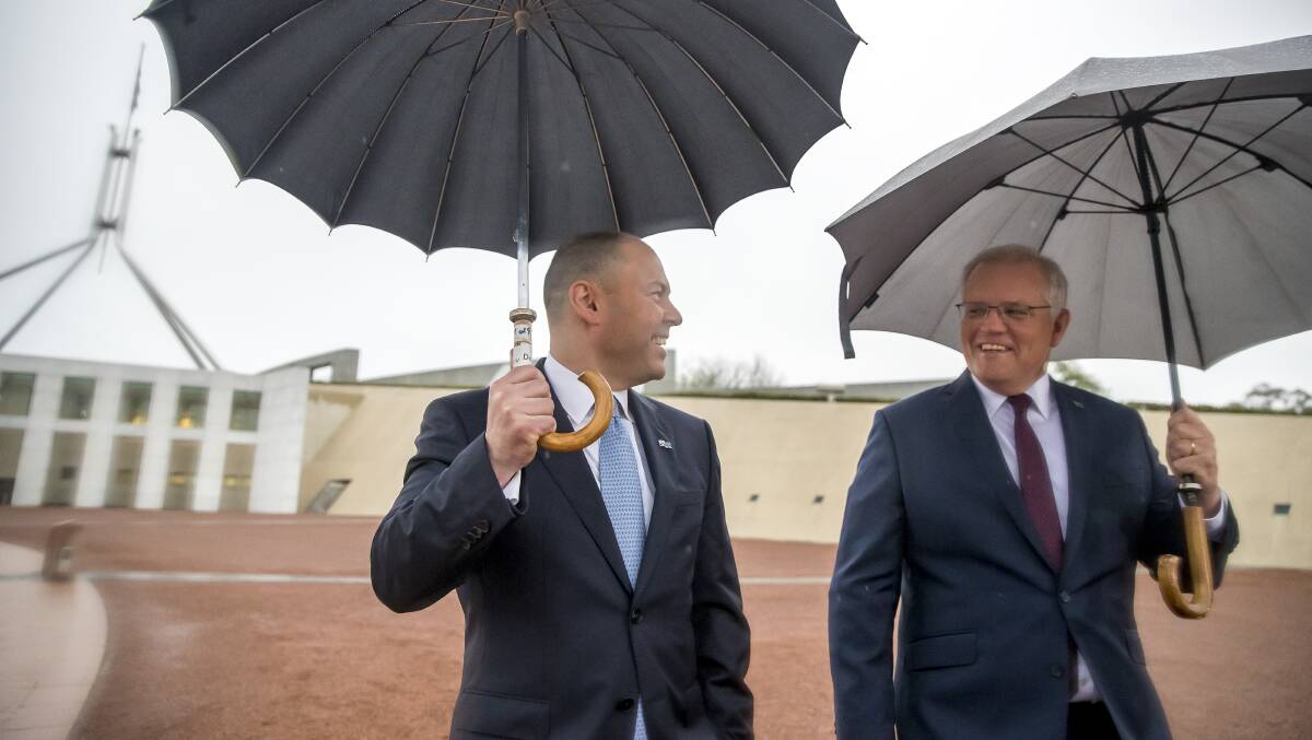 Treasurer Josh Frydenberg and Prime Minister Scott Morrison were in high spirits the morning after the budget was handed down. Picture: Sitthixay Ditthavong